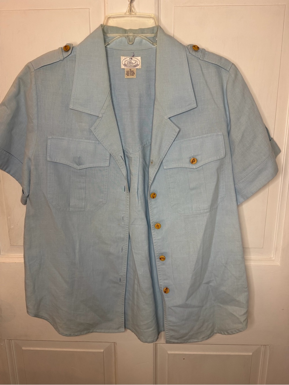 VTG JB Collectibles Women's 12 Blue Solid Collared SS Button-Up Shirt Pockets